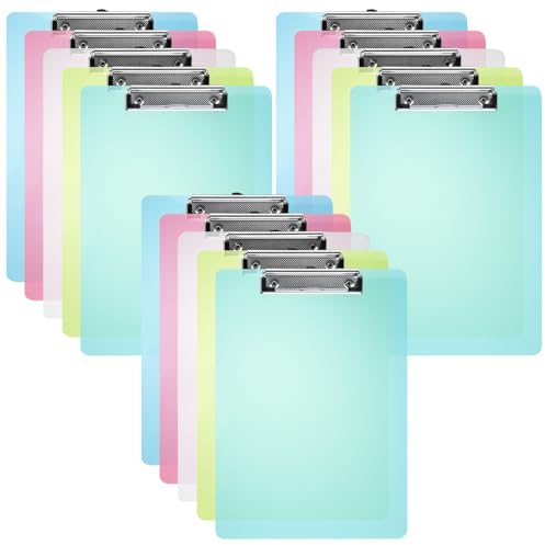 Oungy 15Pcs A4 Clipboards, Transparent A4 Clipboard 5 Colours, 32x22cm Plastic Clipboard Paper Holder Writing Board for Office Home (Blue, Pink, Green, White, Yellow)