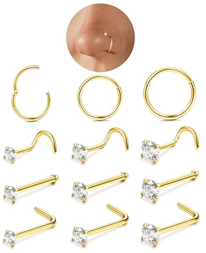 LOLIAS 12Stück Nasenpiercing Gold 316L Chirurgenstahl Piercing Nase 6/8/10MM Nasenpiercing Ring Nasenring CZ Nasenpiercing Stecker Nasenstecker Nasenpiercing Set 18K Gold Nostril Schmuck Damen 18/20G