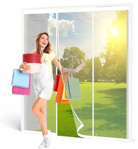 FliegengittertüRen zum Schieben 240x245cm Weiß Moskitonetz für Türen Fiberglas Magnet Fliegengitter Tür Stärkere Magnete Fliegengitter Tür Ohne Bohren