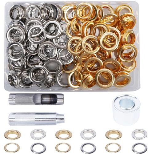 HO2NLE Kit de 100 grands œillets de 20 mm avec boîte de rangement pour rideaux, toile, tissu, cuir, vêtements, chaussures (doré et argenté)