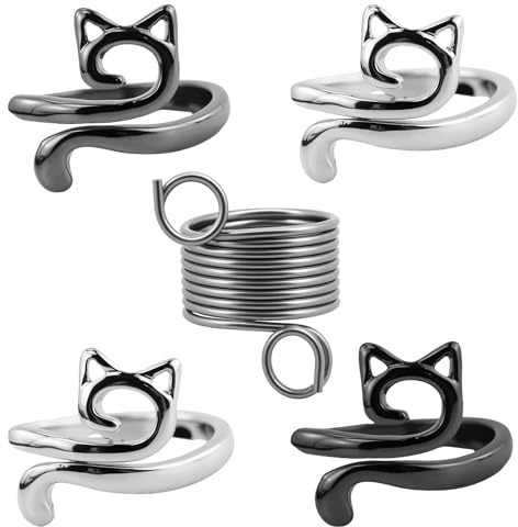 4 anillos de crochet de gato, anillo crochet, anillos de ganchillo ajustables, negro, plata, con 1 pieza de acero inoxidable, para tejer y ganchillo, línea de gancho pequeño, ajustable trenzado rápido