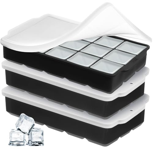 Lifhety 3 Pack Ice Cube Tray, Silicone Ice Cube Trays with Lids, 45 Square Cubes, Reusable Large Ice Cube Moulds & Freezer Ice Trays for Whiskey, Cocktails, Baby Food & Drinks, BPA Free