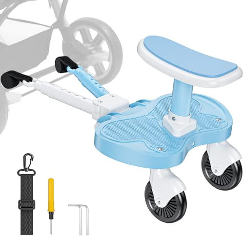 BugyKido Buggy Board, Trittbrett für Kinderwagen Universal für Kinder von 2-6 Jahren, Trittbrett Kinderwagenzubehör mit Sitz max. Belastung von 25kg, Blau und weiß