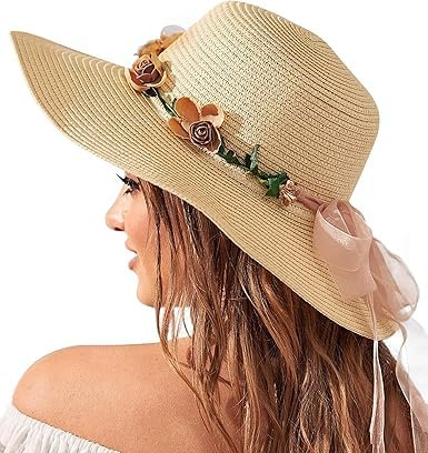 BelleVive Chapeaux de Plage pour Femmes, Chapeau de Soleil en Paille à Large Bord pour Femmes, Chapeau de Soleil avec Protection UV 50+, Chapeau Pliable pour Vacances d'été