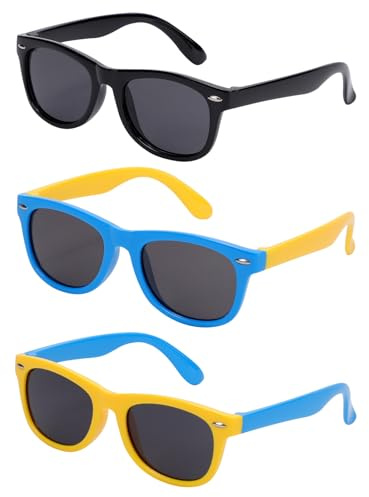 Lancry 3 Pack of kids Sunglasses for Boys and Girls, Polarized Sunglasses Flexible Frame UV400 Protection 3-9 Years (Black + Yellow + Blue)