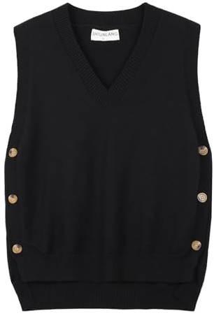 Freiesoldaten Pull en tricot sans manches avec col en V pour femme - Veste en maille - Décontracté, Noir , 3XL