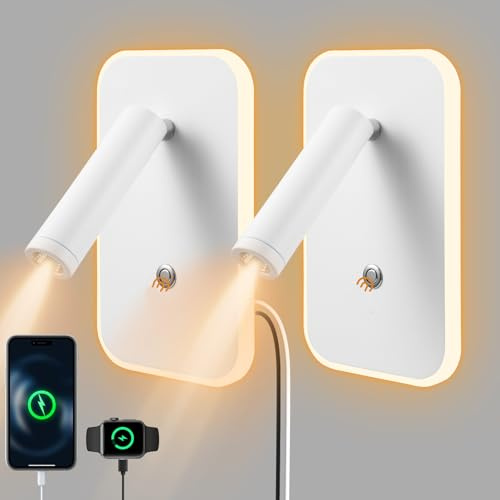 2pcs Lampada da Parete a LED, Lampada da Comodino Dimmerabile in Continuo, Applique da Lettura con Porta di Ricarica USB e Type-C per Camera da Letto, Corridoio, Hotel (Luce Calda 3W+9W)(Bianco 2)