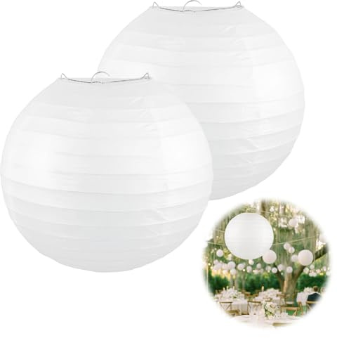 2 Stück Lampions Weiß 20 cm, Papierlampenschirm Rund, Faltbarer Papierlampion Lampenschirm für Hochzeit, Party, Garten & DIY-Dekoration