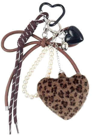 Fycyko Schlüsselanhänger Leopardenmuster Plüschherz Taschenanhänger für Bag Charms Auto Schlüsselanhänger Plüsch Cute Bow Keychain für Frauen und Mädchen,Brau