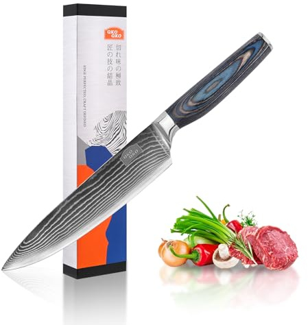 QKOQKO Damascus Chef Knife, 8-Inch Kitchen Knives with 9Cr18MoV Steel Core, Japanese Chef Knife with Durable Wood Handle - Professional Razor Sharp Cooking Chef Knife for Kitchen with Gift Box
