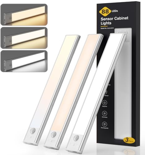 Under Cabinet Kitchen Lights Rechargeable 3 Pack, 88 LED Super Bright Motion Sensor Lights Indoor, 3 Colour Temperatures & Stepless Dimming, Wireless Magnetic Wardrobe Lights with 4 Modes, 25.5cm
