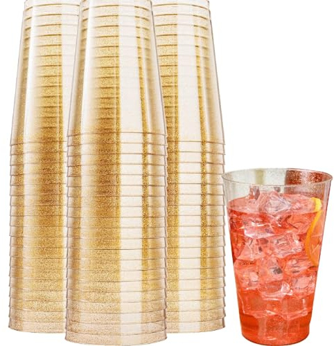 Sunshinestar Paket med 50 hårda plastglas på 300 ml - Med guld glitter - Återanvändbara - För whisky, pudding, mousse, fest, bröllop, strand och picknick