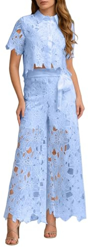 Dasongff Tailleur Pantalon Femme Chic et Élégant Ensemble 2 Piece Vest en Dentelle à Encolure Ajourée Court sans Manches et Pantalon à Jambes Larges Décontractée Outfit Ete Streetwear