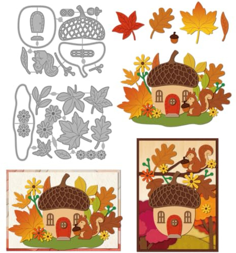 MAYJOYDIY Coquille de Pomme de Pin Maison Découpes Métalliques Dies de Découpe Écureuil Automne Noix de Pin Gabarit de Gaufrage Feuilles d'Érable pour Création de Cartes Scrapbooking Décor