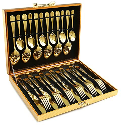 Gold Cutlery Set, OGORI 24-Piece Mirror Polished Gold Unique Wooden Box Design for Gift, Stainless Steel Flatware Set, Silverware Set with Spoon Knife and Fork Set, Service for 6