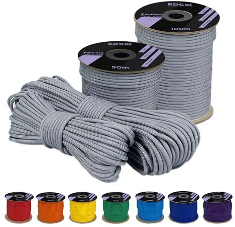 EdcX 4 mm Polyester Paracord 550 25+ Farben (15, 30 und 50 m) – Typ III, 100% Nylonseil, 7 Litzen Seil, 4mm Nylonseil in vielen Farben | Solid Colors (Gray, 15 m)