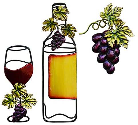 NewVees Metal Wall Decor, Kitchen Wine Decoration - Red Wine Glass & Bottle Fake Grape Hanging Ornament for Home, Living Room, Dining Room, Bedroom, Bar - Indoor/Outdoor, 3 pcs, 11 inch