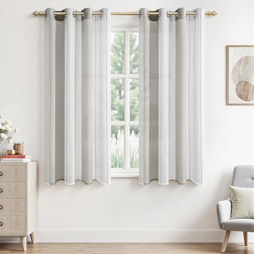 MRTREES Voile gardiner kort gardin halvtransparenta ränder butiker halsdukar med öljettskynke modern livsstil vit + grå 122 × 140 cm (H × B) för dekoration barnrum vardagsrum sovrum set om 2