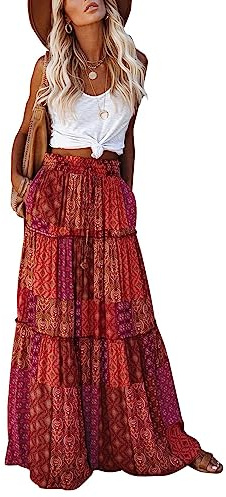 EARKOHA Womens Casual High Waist Tie Paisley Print Long Maxi Skirt with Pockets, Red-1, L