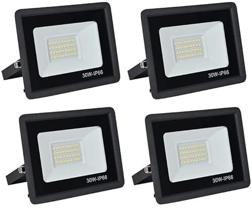 treoir LED Floodlight Security Light，30W Outdoor Spotlight 3000LM Outdoor Flood Lights，IP66 Waterproof 6000k LED Spotlight for Garden,Garage,Square,Car Park,Construction Site ect(Cold white-4pcs,30W)