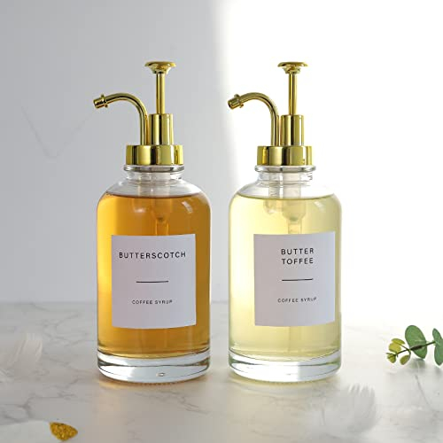 Distributeurs sirop de café Lot de 2 avec 36 étiquettes et Pompe dorée, Bouteilles de sirop en Verre 500ml pour Accessoires de Bar à café, Cuisine, Caramel, Vanille, érable, Distributeur de Savon