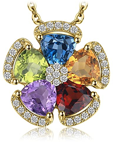 JewelryPalace 2.6ct Echt Edelstein Topas Amethyst Citrin Granat Peridot Ketten Anhänger, Kette Blume 925 Silber mit Stein Schmuck Set Kette Mädchen, Halskette Damen Bunt Collier Frauen Vergoldet 45CM