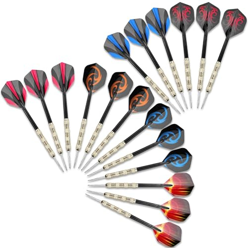 Wingluge Juego de 18 Dardos con Punta de Acero, Dardos Profesionales 14 Gramos, Darts Set 6 Patrones, Dardos para Principiantes, Bar y Sala de Juegos, Familia Fiesta, Rec Room