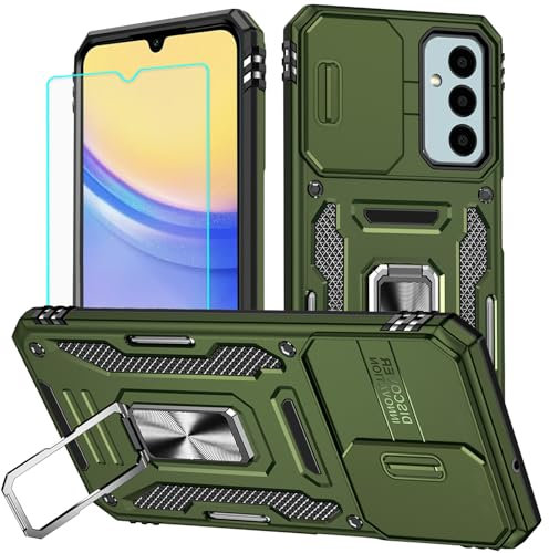 for Samsung A15 Phone Case with Screen Protector and with Camera Cover, 360°Military Grade Rotatable Kickstand (Heavy Duty) Shockproof Protective, Case for Samsung Galaxy A15 case 4G/5G (Olive Green)