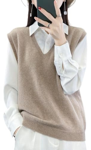 Ailaile Maglione da donna con scollo a V, in 100% lana merino, leggero, senza maniche, gilet di base, top corti