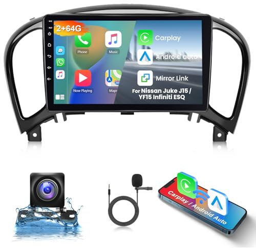 Hodozzy 2G+64G Android Autoradio pour Nissan Juke J15 2010-2019/YF15 Infiniti ESQ 2011-2017 Carplay Android Auto,Écran Tactile 9 Pouces GPS WiFi,Bluetooth FM/RDS, Poste Radio 2 Din pour Nissan+Caméra