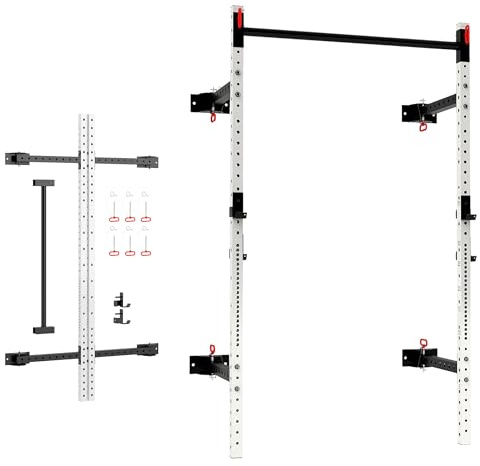 Soozier Wall Mounted Folding Squat Rack with Pull Up Bar, 1000 Pounds Capacity Power Rack, Adjustable Barbell Rack with J Hooks for Home Gym Full Body Workout, White