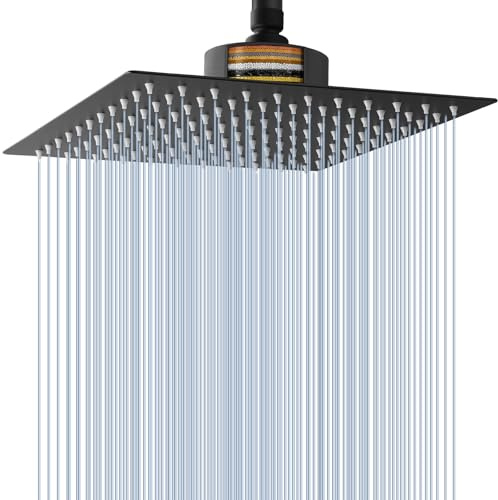 Voolan Regnduschhuvud med Filter, Regnduschhuvud med Högt Flöde Och Stor Regnstråle Tillverkat av Rostfritt Stål, Vattenfallsduschhuvud med Filter för Hårt Vatten (30cm, Svart)