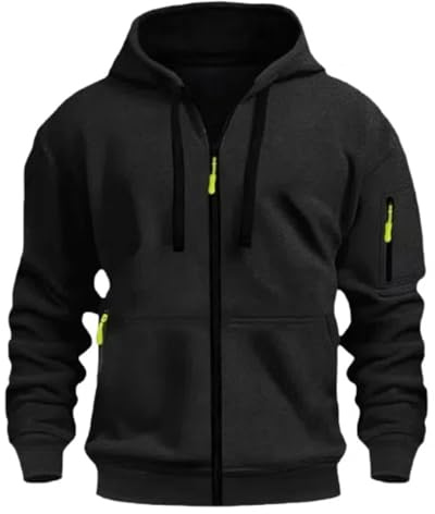 MakingDa Men's Zipped Hoodie Pullover Pockets Long Sleeve Zip-Up Cuffed Shirts Hoody Fleece Solid Regular Fit Casual Hooded Sweatshirt Tops Black L