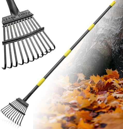 FLY HAWK Rechen, 178cm Laubrechen mit Verstellbar Stiel, Gartenrechen mit 22cm Kleinem Schmalen Rechenkopf und 11 Zinken, Rasenrechen für Erwachsene Kinder für Garten, Rasen, Strauch, Gras, Mulch