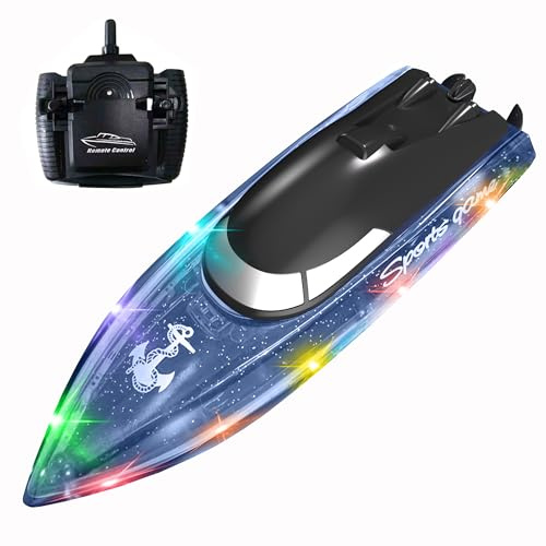 SZJJX Remote Control Boat with LED Light for Kids, 100+ Mins Play Time RC Boat, 2.4 GHz High Speed RC Racing Boats for Lake/Pool/Pond with 1800mAh Battery, Water Play Toy Gift for Boys&Girls-Blue