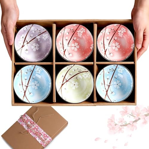 Zykphao Set di 6 ciotole in ceramica, ciotole in porcellana da 300ml/10oz per dessert e cereali con scatola regalo, ciotole per snack in stile giapponese per zuppa, riso, gelato, (Fiore di ciliegio)