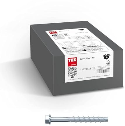 TOX Schraubanker Sumo Max 1 KB 8x100 mm, Sechskantkopf, Stahl verzinkt, für verschiedene Einbautiefen, bauaufsichtlich zugelassen für schwere Lasten, 50 Stück, 041101241