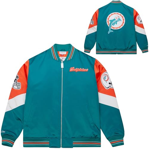 Mitchell & Ness Throw it Back Heavyweight Vintage Satin Jacke (NFL) - Miami Dolphins, Größe L, Reißerschluss, Gestickte Logos, Herren, Frauen, Kinder, Unisex, Frühling, Sommer, Herbst, Winter
