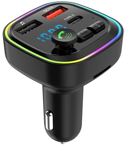 Transmetteur FM Bluetooth Voiture Allume Cigare Kit MP3 sans Fil à Charge Rapide QC3.0 2Ports USB et 1Port Type-C Adaptateur Emetteur Bluetooth Voiture Support USB/Carte TF Appel Mains Libres Musique