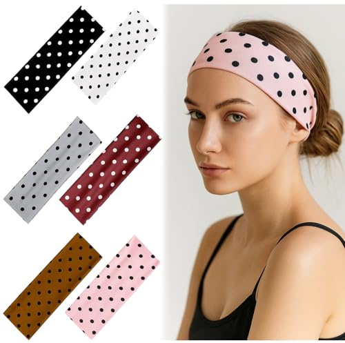 6 PCS Polka Dot Headband, Spotty Headband for Women, Stretchy Headbands for Active Wear and Daily Fashion, Set of Six Headbands in Assorted Colours