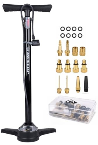 Dunlop Bicycle Pump with Pressure Gauge and Valve Adapter Set - Floor Pump 180 PSI - for Presta Dunlop Schrader Valve - Adapter for Bicycle Car Ball - Includes Storage Box