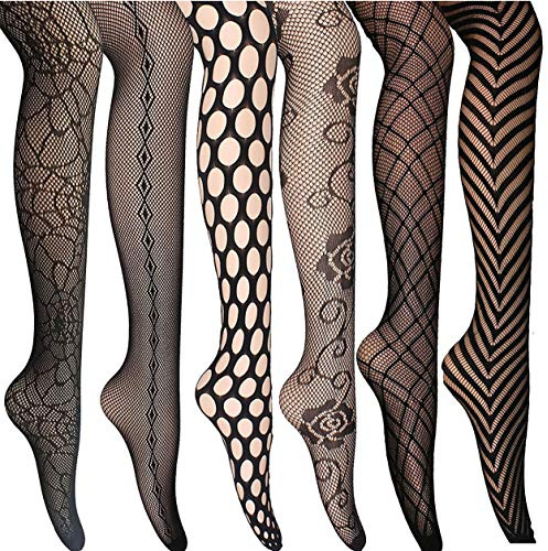 ANDIBEIQI Collants Bas Résille 6 Paires Femmes Hollow Collant extensible filet élastique confortable noir/motifs fleurs, Noir 6, Taille unique