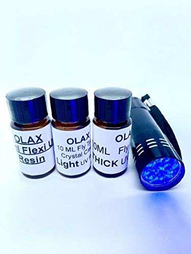 Olax 10ml Léger, 10ml Épais, 10ml Flexible Colle Résine UV pour Montage de Mouches, 9 LED Torche UV