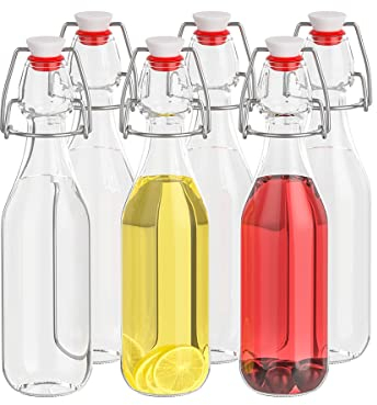 Danmu Art 6PCS Glass Bottles with Stoppers 250ml - Airtight Swing Top Bottles for Vanilla Extract Kombucha Brewing Water
