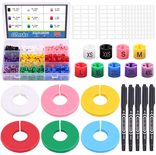 Glarks Juego de 224 marcadores de tamaño de percha, 9 colores, XXS a 4XL, juego surtido de divisores de tamaño de ropa en blanco de 6 colores con 12 etiquetas blancas y 5 marcadores utilizados para