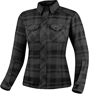 SHIMA RENEGADE LADY 2 Motorrad Hemd Damen - Verschleißfest Baumwolle Karierte Motorradjacke Damen mit CE Protektoren, FiberQL - Aramid und Kühlungsschicht, Reißverschluss (Schwarz, M)