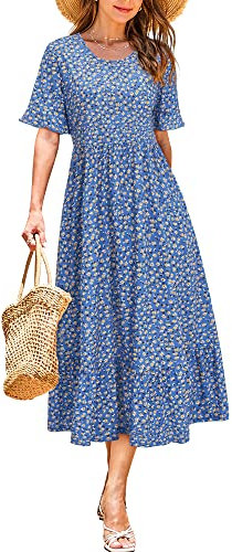 STYLEWORD Sommerkleid Damen Lang Kurzarm Boho Kleid Sommer Blumenkleid Swing Maxikleid