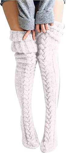 Duories Calzini Invernali Extra Lunga per Donna, Calzini Caldi in Tricot, Paio, Calzini al Ginocchio, Bianco