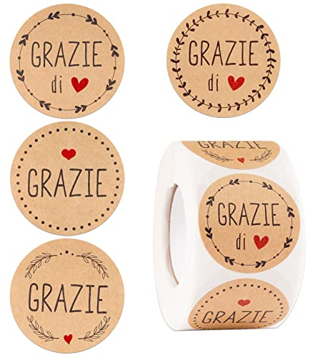 500pz 4cm Adesive GRAZIE, Etichette Adesivi Grazie di Cuore Rotonde Kraft, Stickers Thank You Italiano, Adesivi Chiudipacco per Buste Rigraziamento Bomboniere