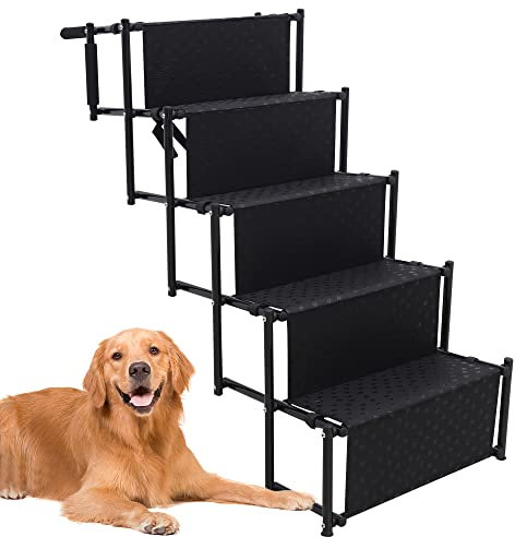 Dog Car Ramp, 5 Steps Dog Stairs for Medium and Large Dogs, Portable Folding Pet Ramp, Non-Slip Dog Steps for Cars, Trucks, SUVs, High Bed, Lightweight Car Dog Ladder Support 130Lbs